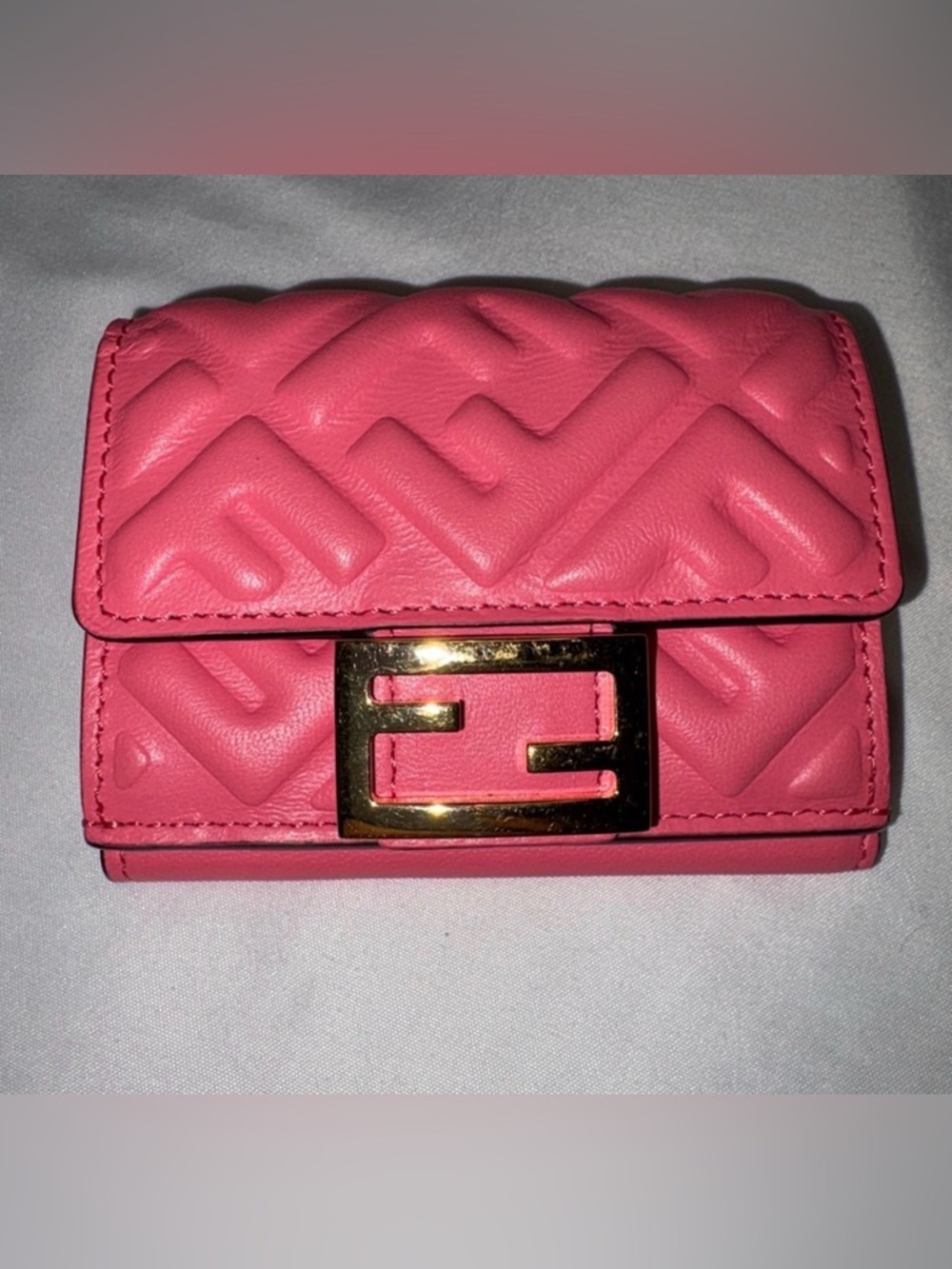 Fendi Baguette Micro Trifold Wallet FF Coral Salmon Pink Nappa Leather - Picture 1 of 15